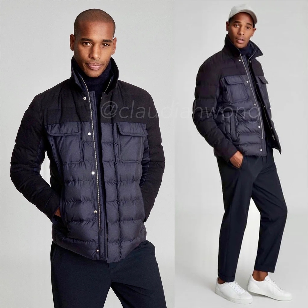REISS Eren Quilted Puffer Jacket in Navy Blue